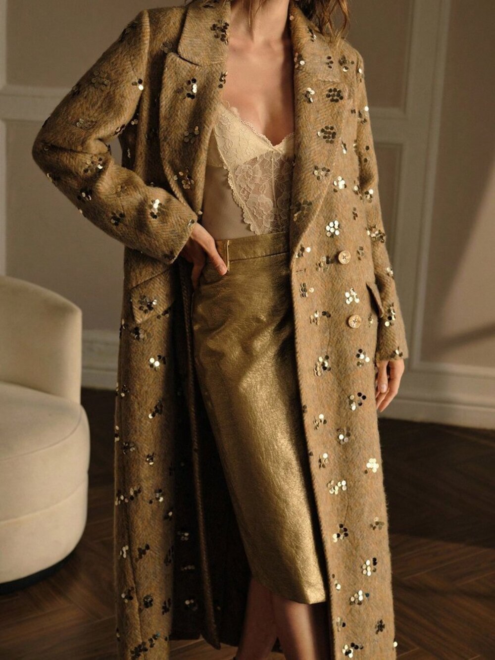 Yellow Elegant Women's Loose Long Lapel Collar Double Breasted Overcoat - Picture 5 of 7